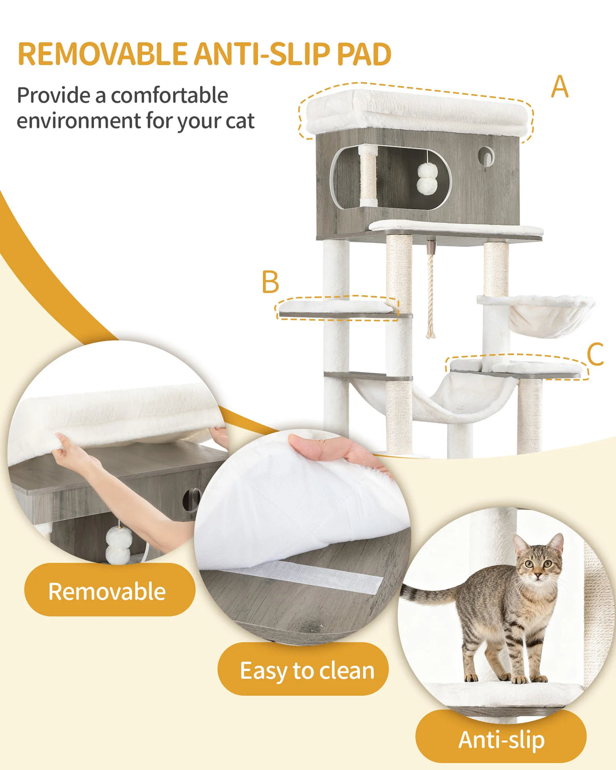 Greige Cat Scratching Post with Litter Tray, Feeding Station, Large Platform, Sisal Rope, Washable Cushion & Plush Balls