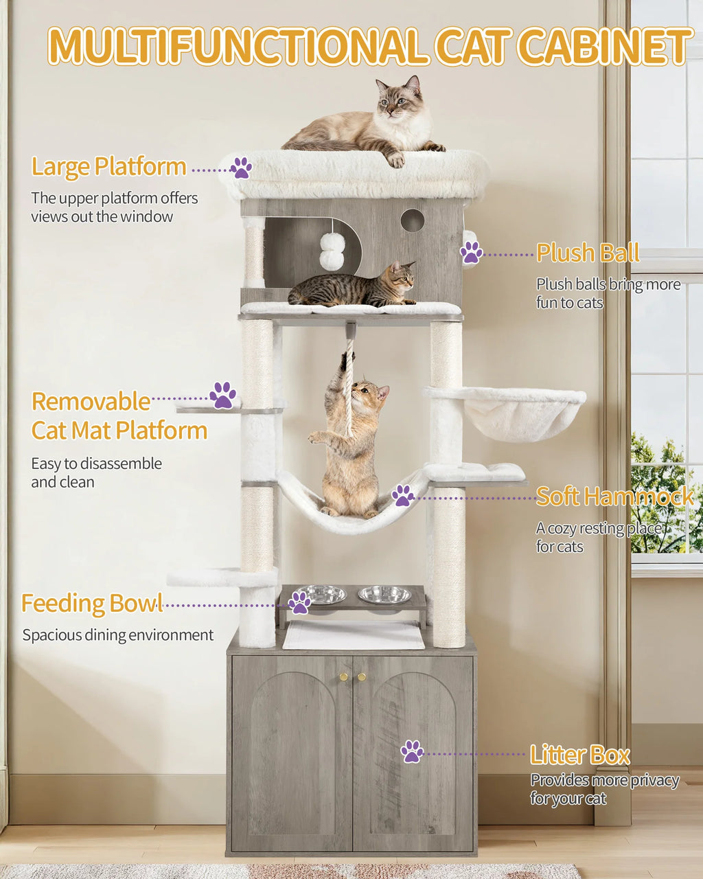 Greige Cat Scratching Post with Litter Tray, Feeding Station, Large Platform, Sisal Rope, Washable Cushion & Plush Balls