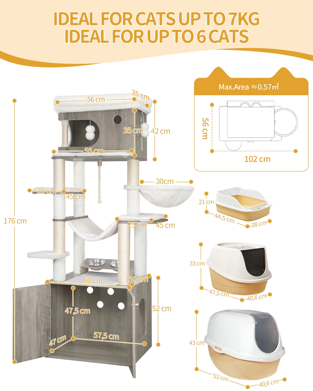 Greige Cat Scratching Post with Litter Tray, Feeding Station, Large Platform, Sisal Rope, Washable Cushion & Plush Balls