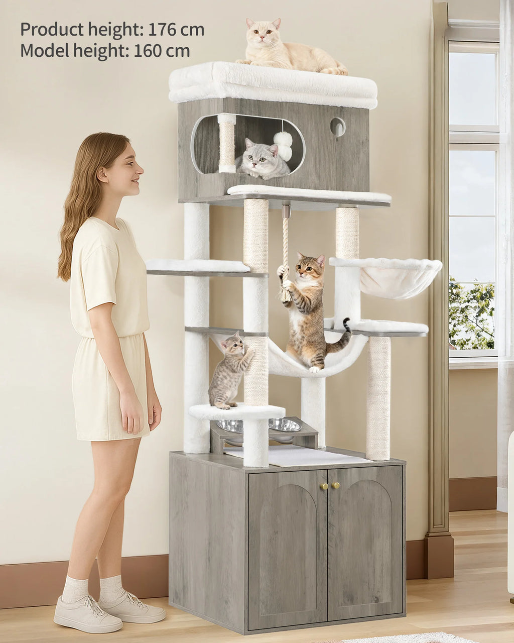 Greige Cat Scratching Post with Litter Tray, Feeding Station, Large Platform, Sisal Rope, Washable Cushion & Plush Balls