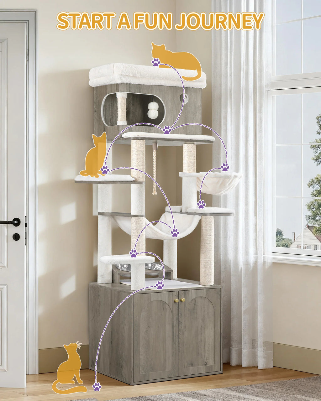 Greige Cat Scratching Post with Litter Tray, Feeding Station, Large Platform, Sisal Rope, Washable Cushion & Plush Balls