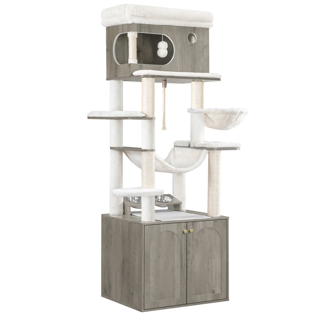 Greige Cat Scratching Post with Litter Tray, Feeding Station, Large Platform, Sisal Rope, Washable Cushion & Plush Balls