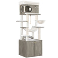Greige Cat Scratching Post with Litter Tray, Feeding Station, Large Platform, Sisal Rope, Washable Cushion & Plush Balls
