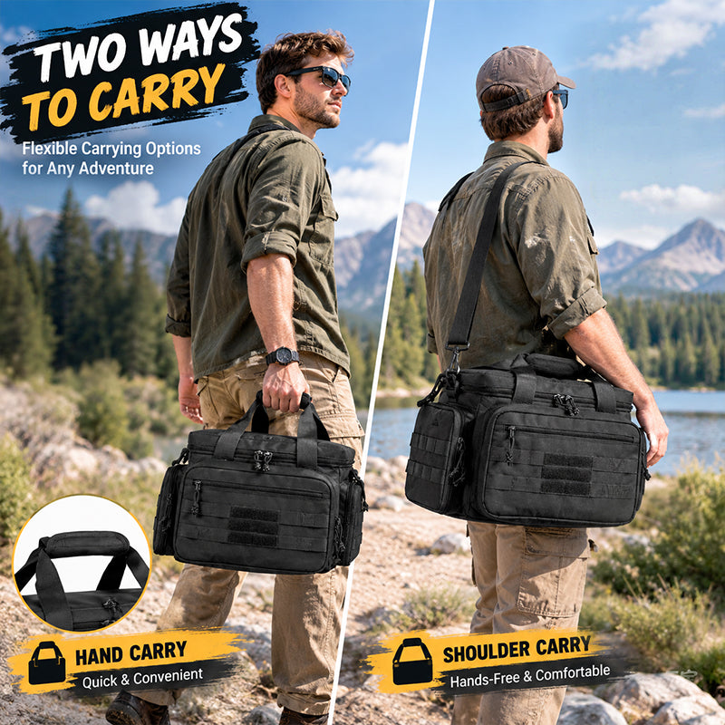 Tactical shoulder shooting bag, padded handgun case for range & hunting, lockable zipper, ammo pockets
