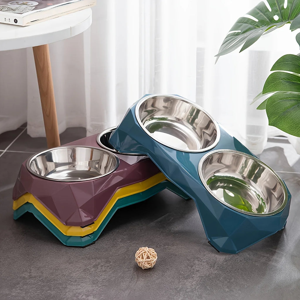Stainless Steel Double Pet Bowl with Diamond Pattern - Large Capacity Non-Slip Food & Water Feeder for Dogs and Cats