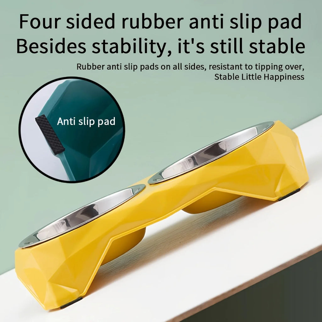 Stainless Steel Double Pet Bowl with Diamond Pattern - Large Capacity Non-Slip Food & Water Feeder for Dogs and Cats