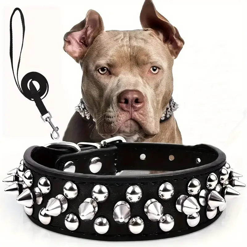 Spiked Leather Dog Collar and Leash Set - Adjustable Rivet Design for Outdoor Walking