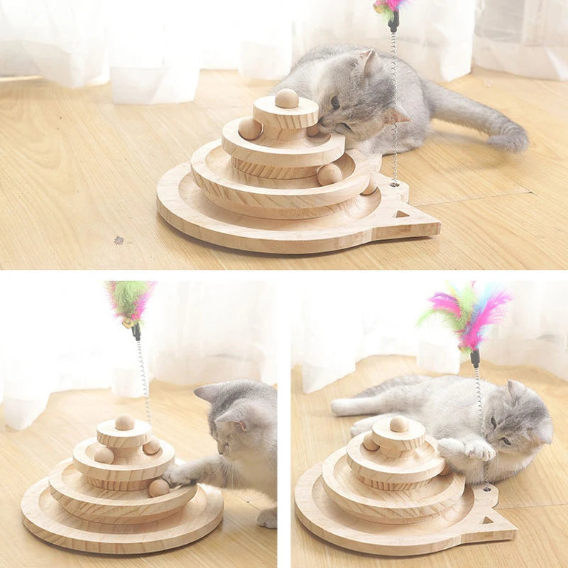 Wooden Cat Toy Tower with 3 Levels and Disc Tracks for Pet Intelligence and Amusement