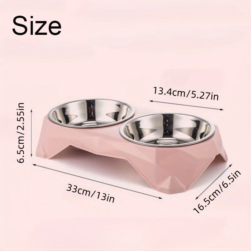 Stainless Steel Double Pet Bowl with Diamond Pattern - Large Capacity Non-Slip Food & Water Feeder for Dogs and Cats