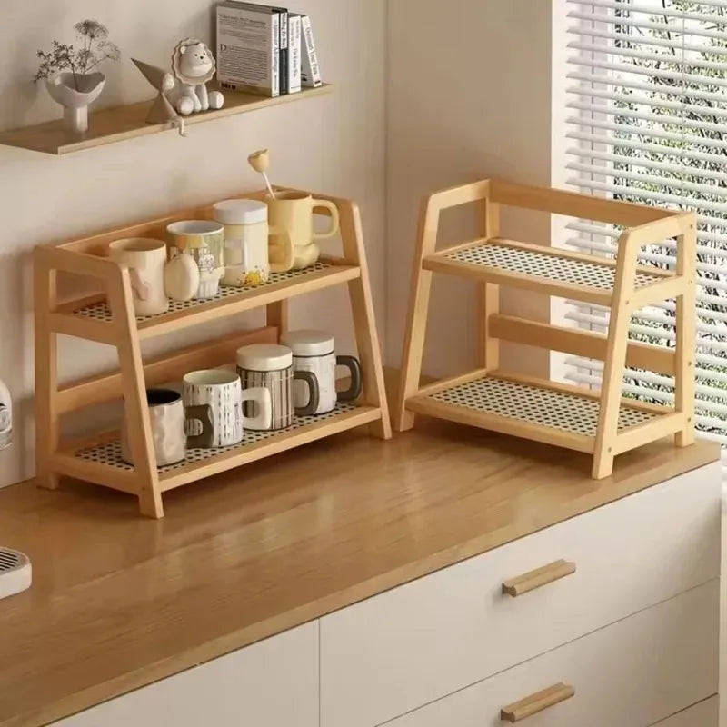 Retro Bamboo 2-Tier Kitchen Storage Rack - Sturdy Countertop Organizer for Home, Hotel, or Apartment