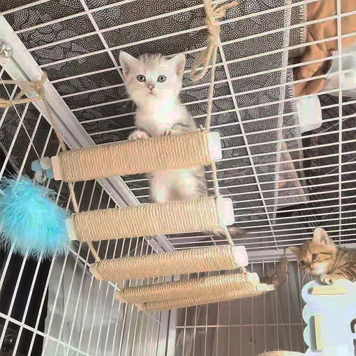 Cat Climbing Frame Bridge - Wooden Cat Ladder with Sisal Rope for Scratching, Cage Climber & Pet Furniture