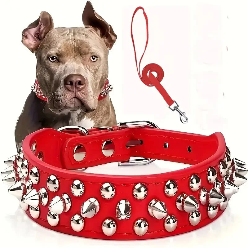 Spiked Leather Dog Collar and Leash Set - Adjustable Rivet Design for Outdoor Walking