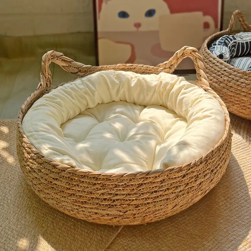 OUZEY Rattan Cat Bed with Cushion - Soft Warm Donut Style Pet House for Kittens and Puppies