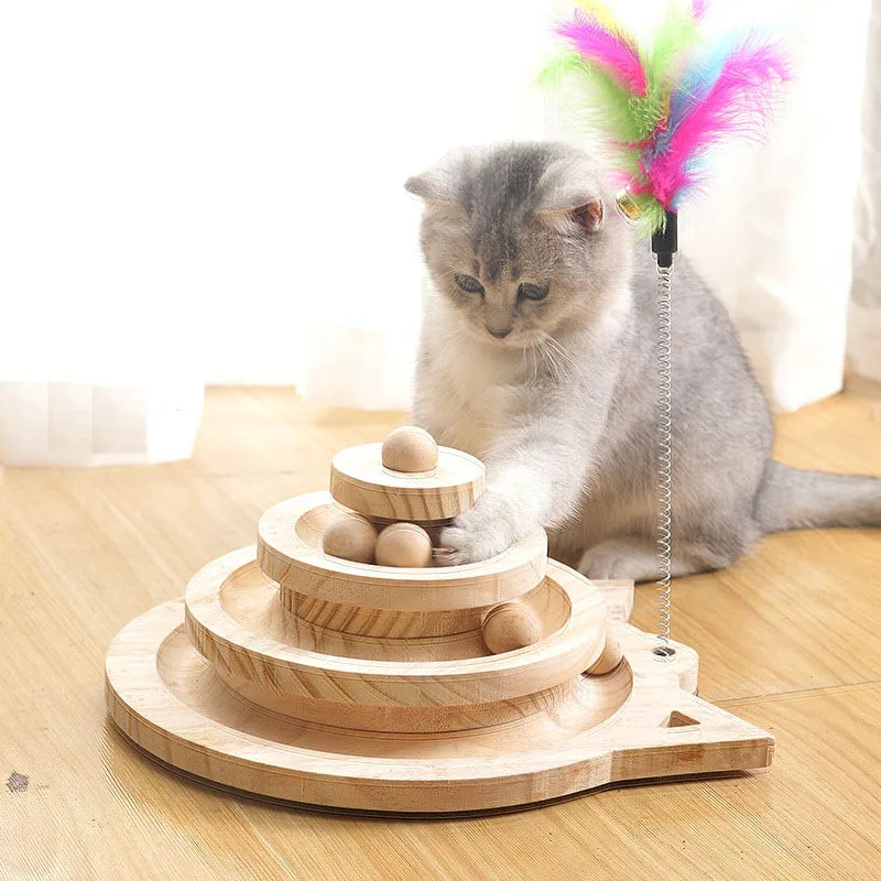 Wooden Cat Toy Tower with 3 Levels and Disc Tracks for Pet Intelligence and Amusement