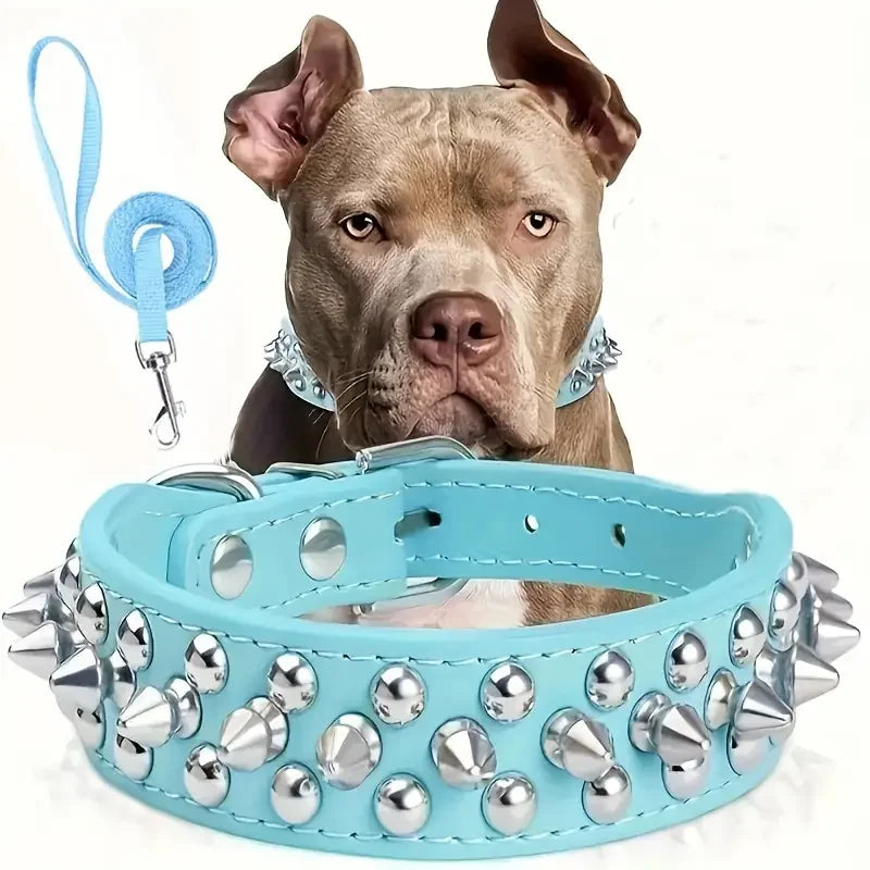 Spiked Leather Dog Collar and Leash Set - Adjustable Rivet Design for Outdoor Walking
