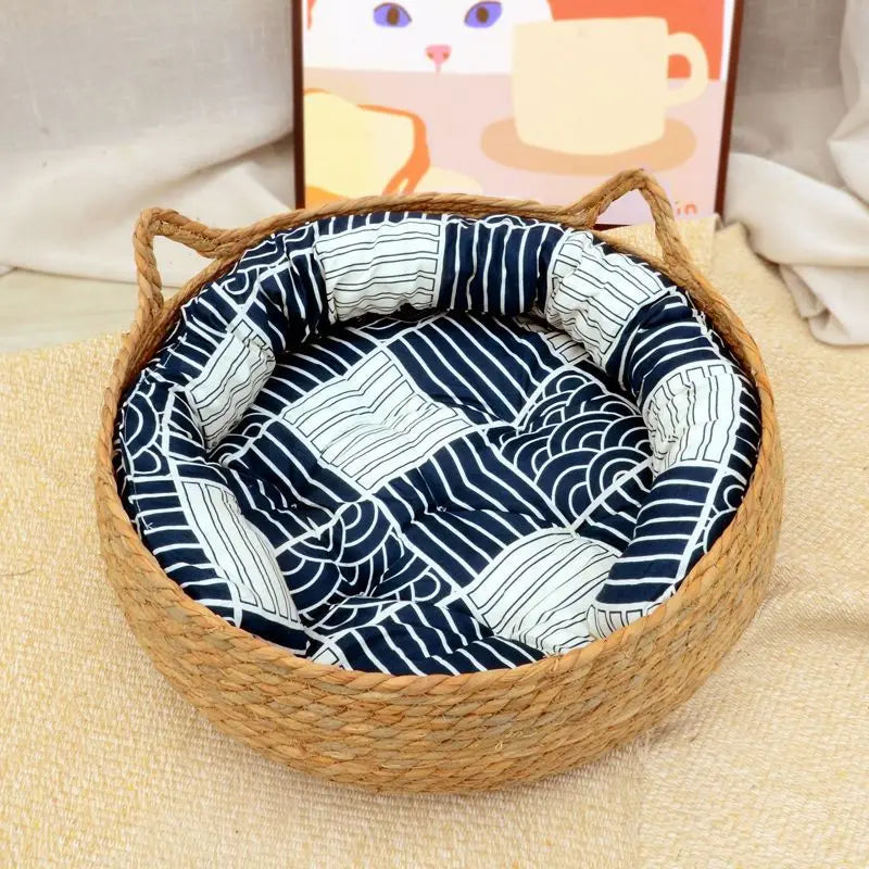 OUZEY Rattan Cat Bed with Cushion - Soft Warm Donut Style Pet House for Kittens and Puppies