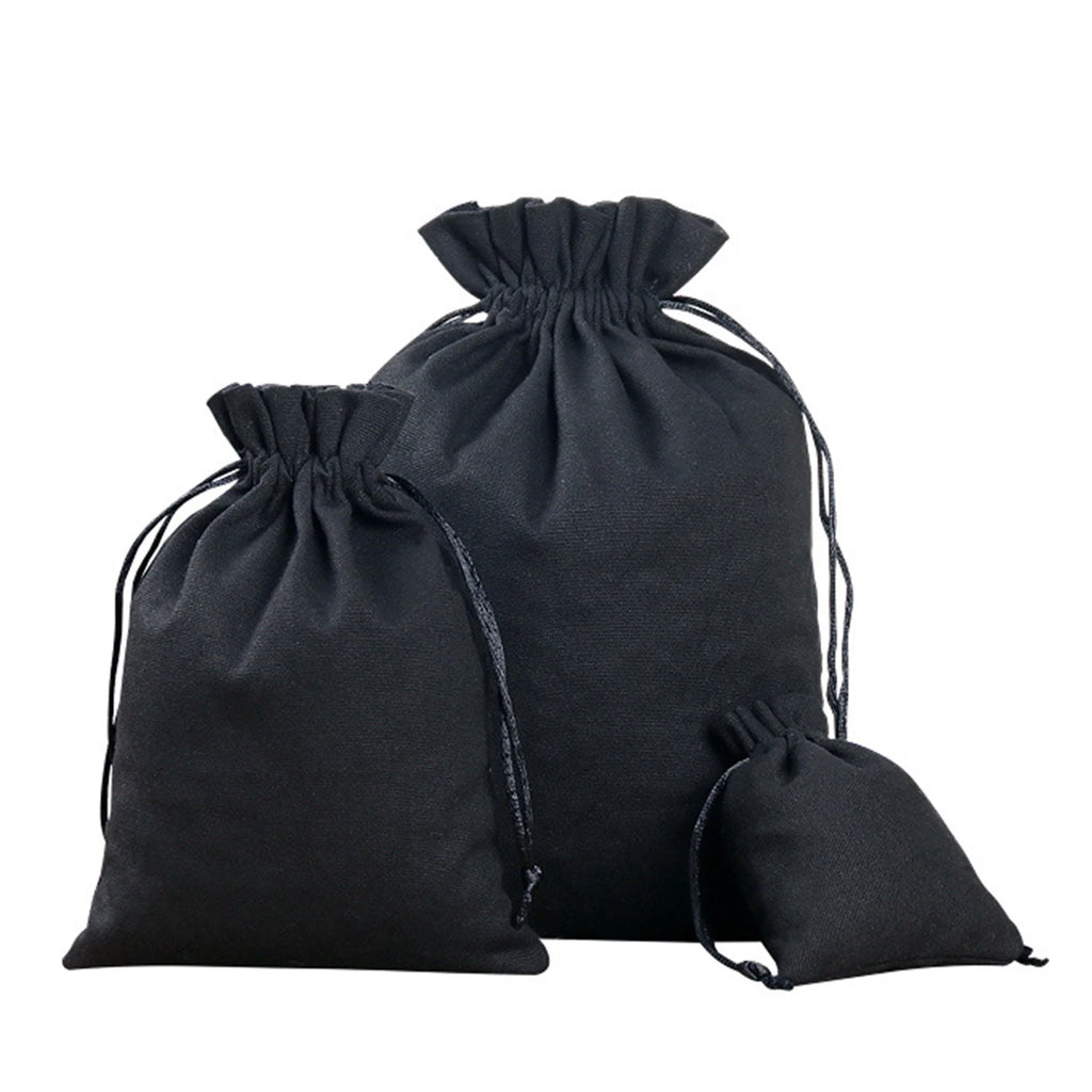 Black Canvas Drawstring Pouches - Heavy Duty Cotton Storage Bags for Wedding Gifts and Home Organization