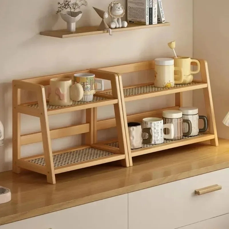 Retro Bamboo 2-Tier Kitchen Storage Rack - Sturdy Countertop Organizer for Home, Hotel, or Apartment