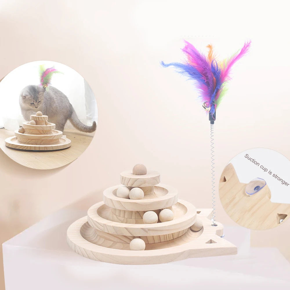 Wooden Cat Toy Tower with 3 Levels and Disc Tracks for Pet Intelligence and Amusement