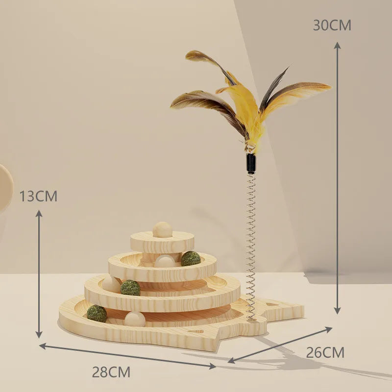 Wooden Cat Toy Tower with 3 Levels and Disc Tracks for Pet Intelligence and Amusement