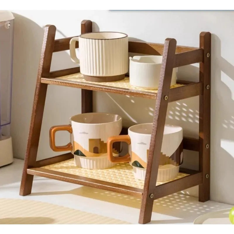 Retro Bamboo 2-Tier Kitchen Storage Rack - Sturdy Countertop Organizer for Home, Hotel, or Apartment
