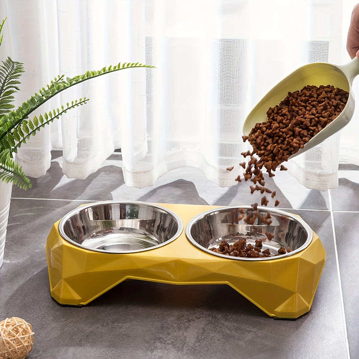 Stainless Steel Double Pet Bowl with Diamond Pattern - Large Capacity Non-Slip Food & Water Feeder for Dogs and Cats