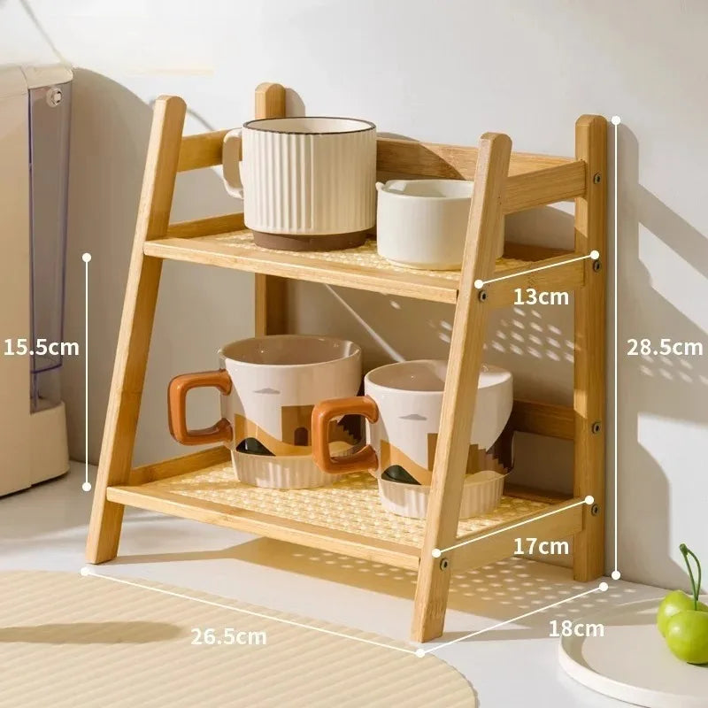 Retro Bamboo 2-Tier Kitchen Storage Rack - Sturdy Countertop Organizer for Home, Hotel, or Apartment