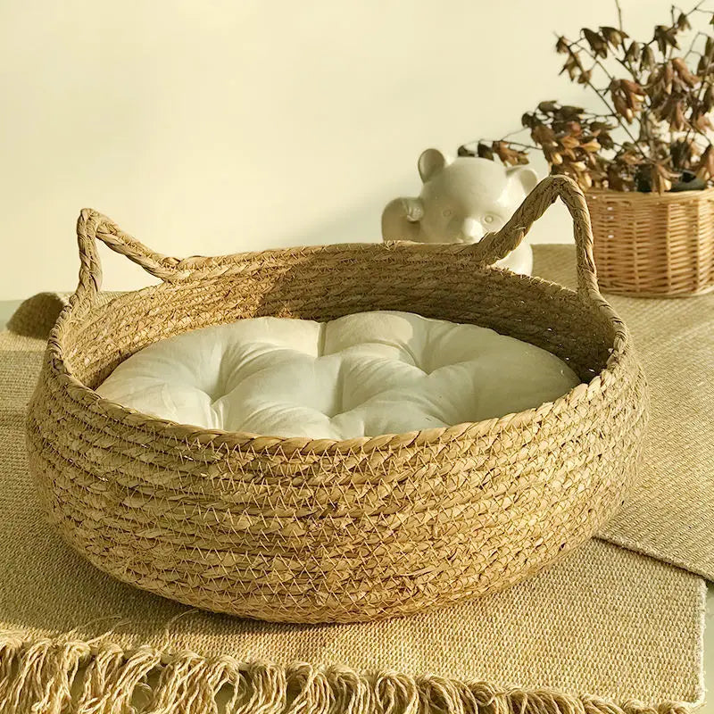 OUZEY Rattan Cat Bed with Cushion - Soft Warm Donut Style Pet House for Kittens and Puppies