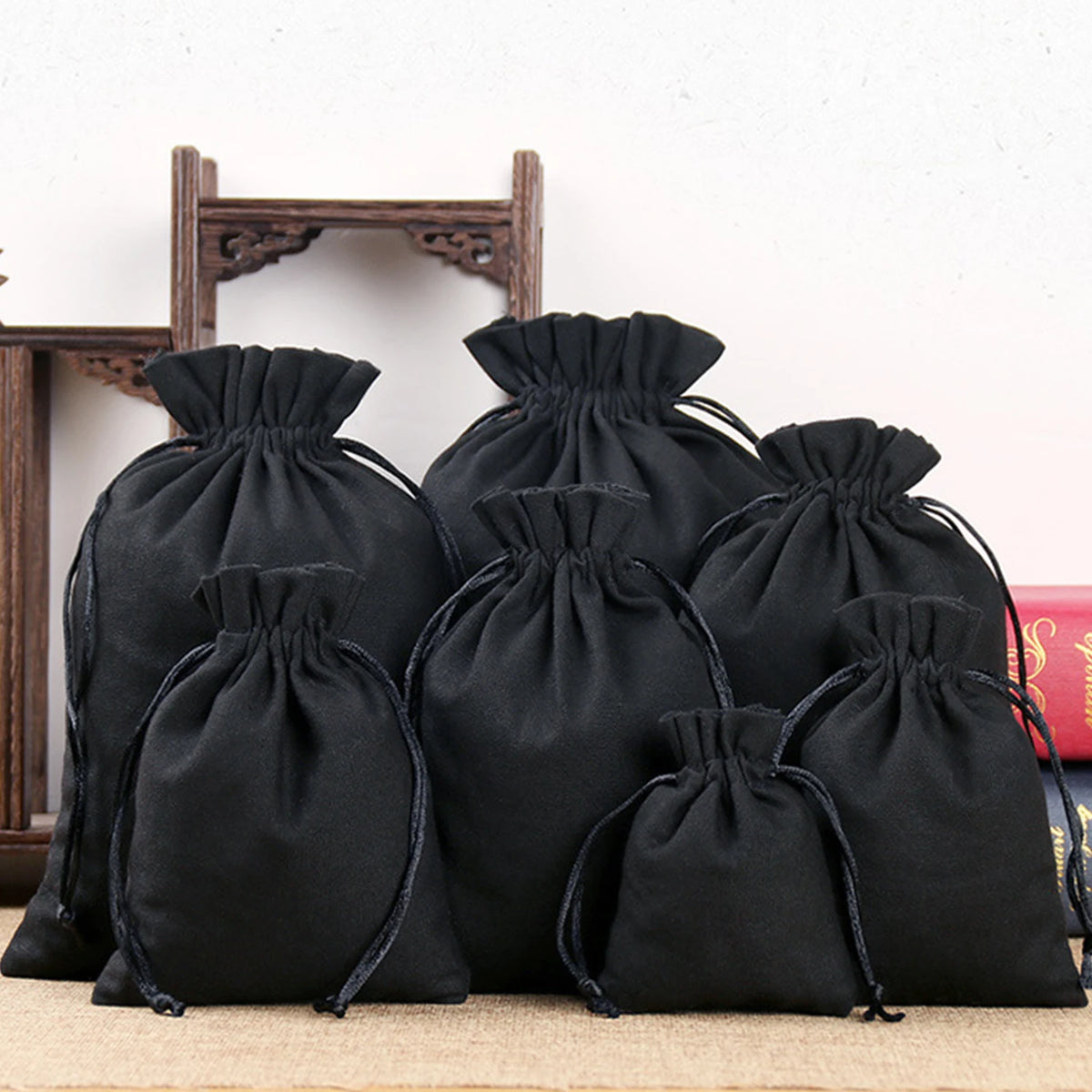 Black Canvas Drawstring Pouches - Heavy Duty Cotton Storage Bags for Wedding Gifts and Home Organization