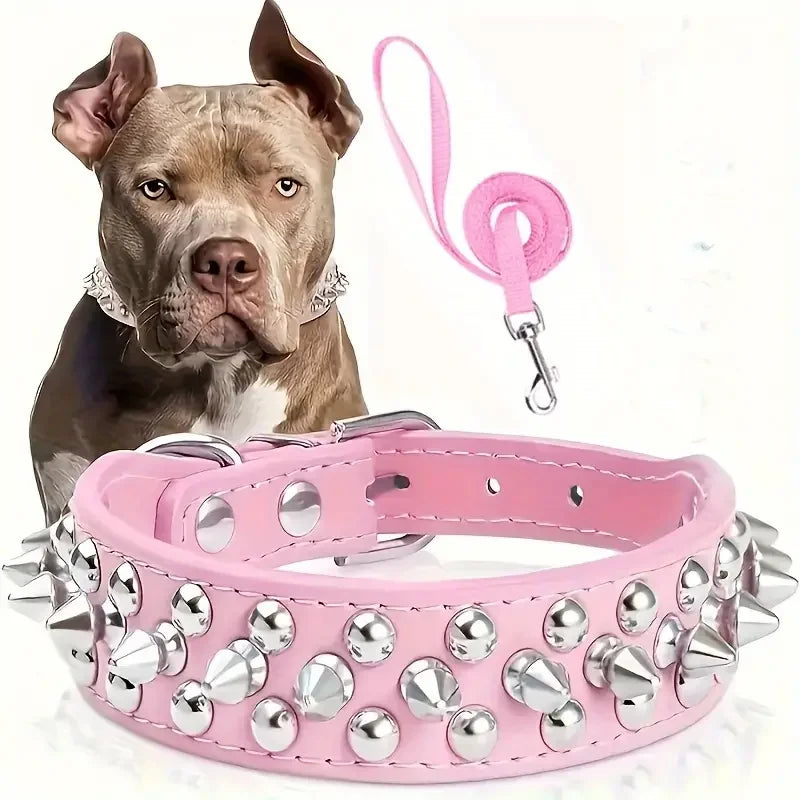 Spiked Leather Dog Collar and Leash Set - Adjustable Rivet Design for Outdoor Walking
